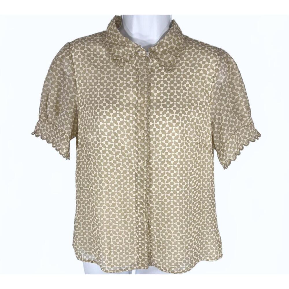 Cece Scallop Edge Geo Print Blouse –Neutral Tan & Cream Puff Sleeve Top – Size S - Picture 3 of 6